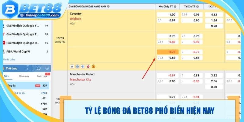Tỷ lệ bóng đá Bet88 phổ biến hiện nay